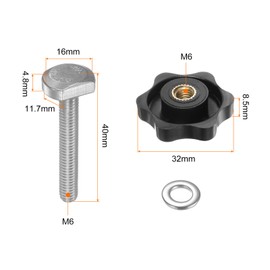 sourcing map 5Set T Track Bolts Knob Kit M6 x 40mm Threaded Bolts M6 x 32mm Hex Hand Nut Clamping Knob with Washer for Woodworking Jigs and Fixtures, Black