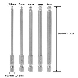 Bestgle 5pcs 100mm Ball End Hexagon Head Long Magnetic Screwdriver Drill Bits Set with 1/4 Inch Hex Shank