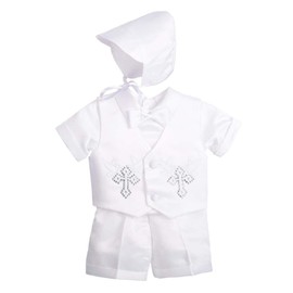 Lito Angels Baby Boys Christening Clothing Baptism Outfits with Bonnet Short Sleeve White Suit Age 0-3 Months