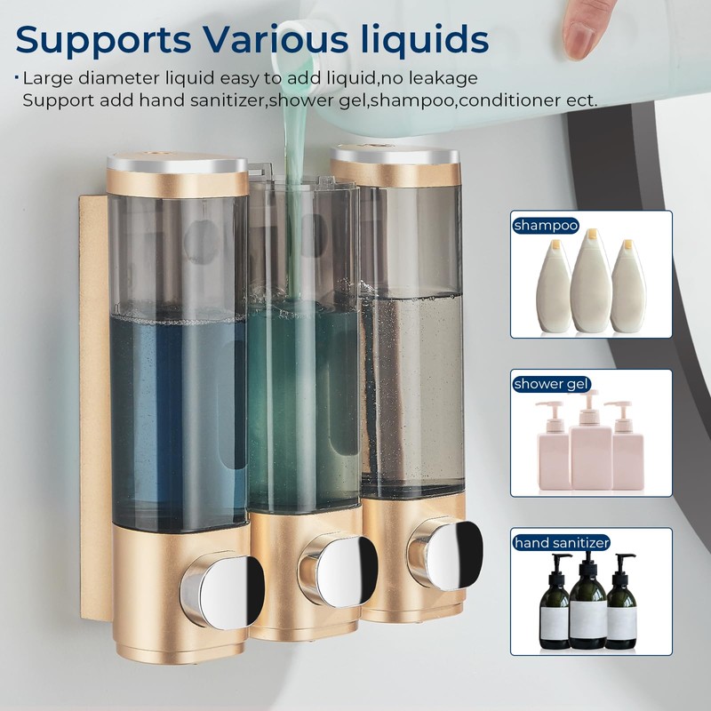 Pollock Shower Dispenser - 3 Chamber No Drill Mounted Shampoo,
