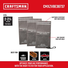 CRAFTSMAN CMXZVBE38737 Genuine General Debris Wet Dry Vac Replacement Filter Bags with Retaining Band for Most CRAFTSMAN 2 to 2.5 Gallon Shop Vacuums and Powerhead Bucket Vac, 3-Pack