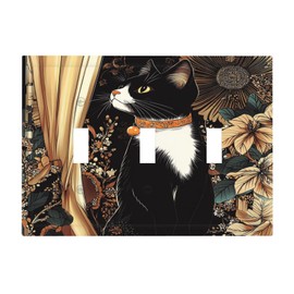 Donecmminery Decorative Switch Plates Boho Mandala Floral Black Cat Vintage Flower 3 Gang Wall Plate Triple Toggle Light Switch Cover Faceplate Electrical Wall Panels For Farmhouse Home Decor