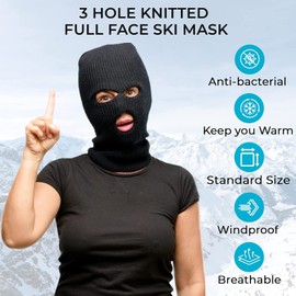CRAZY LIZARD Balaclava with 3 Holes, Knitted Full Face Coverage, Ski Mask, Winter Mask, Knitted Men's Balaclava, Warm Hat for Karting, Hiking and Outdoor Sports, black