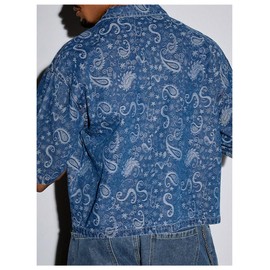 GORGLITTER Men's Paisley Print Button Up Denim Jacket Half Sleeve Pocket Patched Shirts Blue Large
