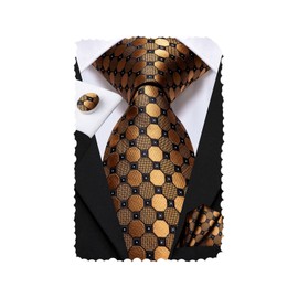 Hi-Tie Men Ties Sets Silk Stripe Paisley Necktie Pocket Square Cufflinks for Business Wedding,Gold Brown