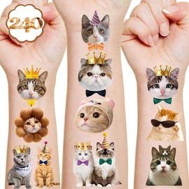 Cat Temporary Tattoos Birthday Themed Party Supplies Decorations Favors 12 Sheets 240PCS Sport Decor Cute Stickers Class School Prizes Gift Kids Boys Girls Carnival Christmas Reward Multicolor
