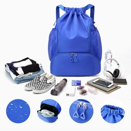 FAVORTALK Drawstring Bag Swimming Bags for Adults Multifunction String Bag with Mesh Bag and Shoe Compartment for Gym Large Capacity String Backpack for Beach Travel Deep Blue - D29045