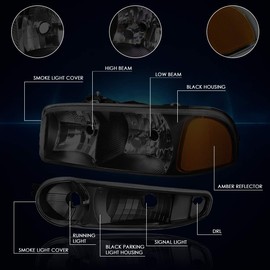 PM PERFORMOTOR PMHL-DENALI-0106-OH-BSA Black Smoked Housing amber Corner Pair of Headlights Replacement Compatible with 02-06 Sierra Yukon Denali