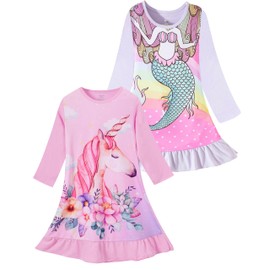 SOIBEEN Girls Nighties 2-Pack Nightgowns Mermaid Nightdress Cotton Long Sleeve Sleepwear for Girls Unicorn Size Large 6-7 Years