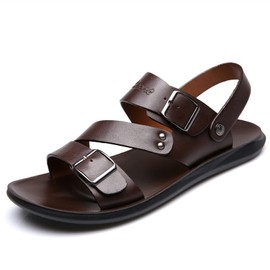 Battle Men Men's Cut Out Sandal Casual Dual Use Beach Slipper Genuine Leather Open Toe Double Monk Strap Buckle Thick Sole Rivet Solid Color anti-slip (Color : Brown, Size : 8.5 M US)
