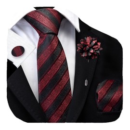 GUSLESON Burgundy Black Tie for Men Striped Wedding Silk Necktie Pocket Square Cufflinks and Lapel Pin Brooch Set (6108-11)