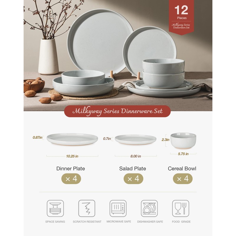 Famiware Milkyway Plates and Bowls Set, 12 Pieces Dinnerware Sets,