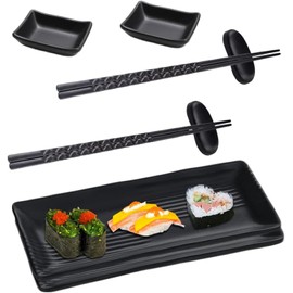 STOUCLA Sushi Plate with Dipping Bowls, Japanese Sushi Plate, Tableware Set with 2 Pairs Chopsticks + 2 Chopstick Rests + 2 Plates + 2 Dip Plates, Black