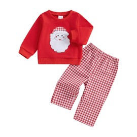 Arvbitana Toddler Baby Boy Girl Long Sleeve Christmas Pullover Sweatshirt Plaid Pants Two Piece Outfits Fall Winter Clothes (B-Red, 12-18 Months)