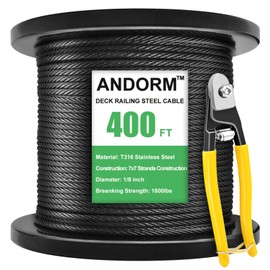 Andorm 1/8 400ft T316 Stainless Steel Railing Cable Wire Rope 7x7 Strands Construction for Deck Cable Railing System, Cable Railing Hardware, Aircraft Cable Kits