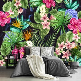 Fightal - pink floral tropical botanical wallpaper green plant leaf large wall mural for living room bedroom (papel tapiz para pared de habitacion) 195"x120" (Not Peel and Stick)