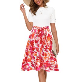 Annebouti 2025 Spring Summer Midi Dresses for Women Semi-Formal Knee Length Business Casual Petite Short Sleeve Fit and Flare Swing Dinner Church Work Teacher Dress White Orange Red S