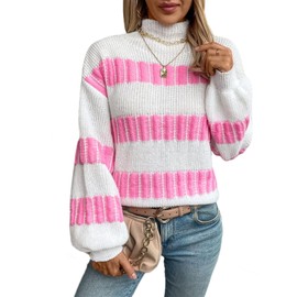 PDLCVD Striped Sweater for Women Long Puff Sleeve Color Block Turtleneck Knit Pullover Sweater White