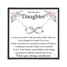 ADVIOK Infinity Necklace for Daughter, 925 Sterling Silver Necklace with Heart Cubic Zirconia Birthdays Present Jewellery with Card & Box Daughter Gifts from Mum/Dad