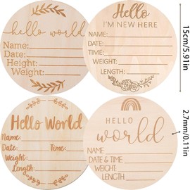 4Pcs Baby Announcement Sign, Hello World Baby Sign 5.9 Inch Wooden Birth Announcement Plaque Baby Name Sign for Newborn