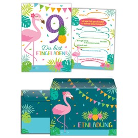 Junaversum 12 Invitation Cards for 9th Birthday Children Ninth Birthday Girl Flamingo Includes 12 Envelopes, 12 Bags 12 Stickers
