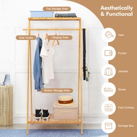 Jotsport Bamboo Clothing Garment Rack with 2 Tier Storage Shelf Clohes Hanging Stand Portable Closet Organizer for Bedroom Small Apartment Guest Room Laundry Room