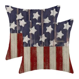 4th of July Memorial Day Pillow Covers 18x18 Set of 2, American Day Patriotic Retro Star and Stripe Decorative Throw Pillowcase Independence Day Cushion Cover for Sofa Couch Living Room Decor