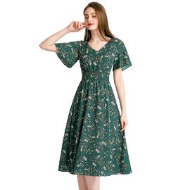 Gardenwed Womens Casual Summer Chiffon Floral V Neck Short Sleeve Smocked Wedding Guest Midi Dress Green Small Flower L