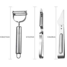 Stainless Steel Vegetable Peeler Set For Kitchen, 3 Piece, Silver, Serrated and Straight Blades, with Hanging Loop, 6.9 in, 6.7 in, 5.5 in