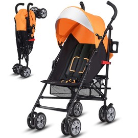BABY JOY Lightweight Compact Travel Stroller - Infant to Toddler with Adjustable Backrest & Canopy, Cup Holder, Storage Basket, 5-Point Harness, Easy Fold - Orange