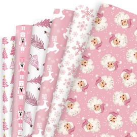 Vnaaem Pink Christmas Wrapping Paper 6 Watercolor Xmas Style Gift Wrapping Paper Bulk Santa Nutracker Christmas Trees and Reindeer Designs Folded Flat for Winter Holiday - 20 X 28 Inches (6 Folded Sheet)
