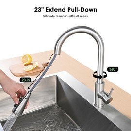 Jlerli Kitchen Faucet with Pull Down Sprayer, High Arc Brushed Nickel Single Handle Kitchen Sink Faucet, Stainless Steel, 3 Mode(Stream/Spray/Pause), 360° Swivel, Grifos para Fregaderos de Cocina