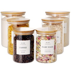 CZZGSM Set of 6 Glass Flour and Sugar jars with 132 Kitchen Pantry Labels - Thicken Large Glass Storage containers with Airtight Bamboo Lid - Rice Canisters for Salt Coffee(100OZ/54OZ/27OZ)