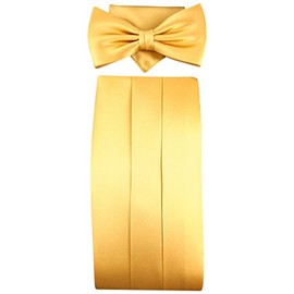 TigerTie Cummerbund Pocket Square Bow Tie in Various Colours - 100% Pure Silk Sash Waistband, Gold Light Gold