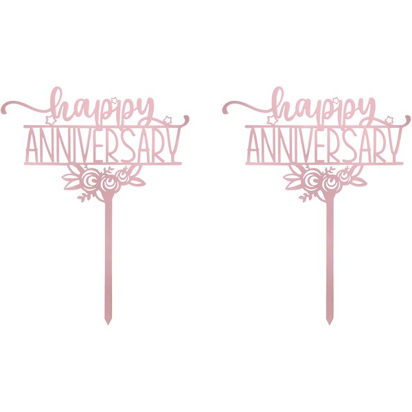 Feliz aniversario (floral) – Decoración de pastel de oro rosa con temática de amor para propuestas, bodas, despedidas de soltera o pastel de aniversario (paquete de 2)