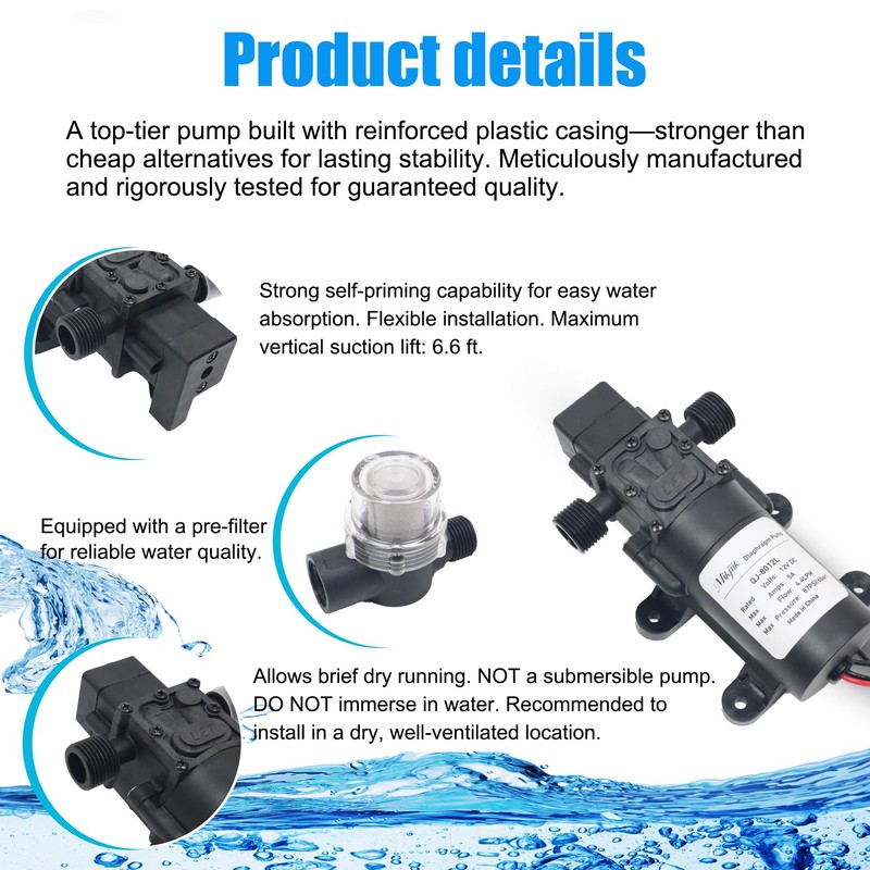 DC 12V Diaphragm Pump, Self-Priming Water Pump with Deluxe Hose