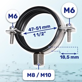 Reinforced Pipe Clamps M8/M10 with Rubber Seal and Diameter 48 mm or 1 1/2 Inch - Set of 2 MONTERAL