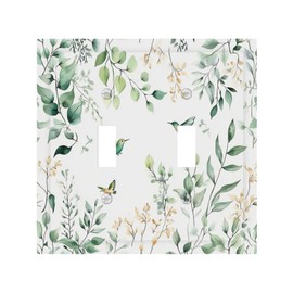 Nijuodnijir Decorative Switch Plates Watercolor Green Leaves Vines Bird 2 Gang Double Toggle Outlet Light Switch Cover Wall Plate Electrical Faceplate For Bed Room Living Room Decor