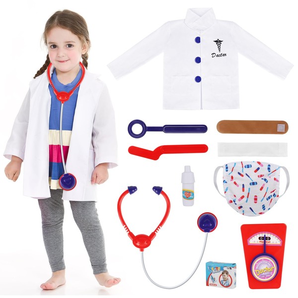 Mineup Childs Doctor Fancy Dress Surgeon Costume, Kids Doctors Outfit Set with Lab Coat Child Role Play Costumes Scrubs Costume Mask, Stethoscope for Children Doctor Costume for girls boys 3 4 5 6