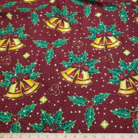 Christmas Bells, Holly Mistletoes, Gold Metallic Stars & Dots Poly Cotton Woven