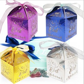 20 Pcs Eid Mubarak Candy Box Set Ramadan Gift Box with Ribbons Muslim Party Favor Boxes Paper Thank You Gift Box Gold Laser for Eid Islamic Party Birthday Decorations