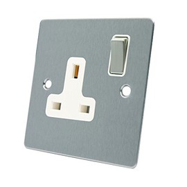 AET FSC1GSOCWS Satin Chrome Flat 1 Gang White Insert Metal Rocker Switch-13 Amp Single Plug Socket, 240 V