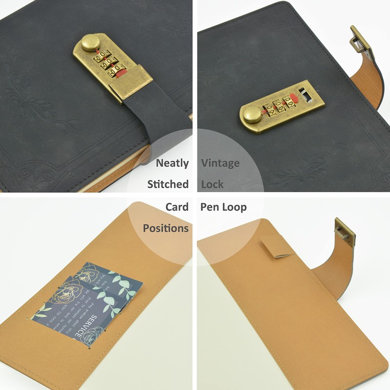Auvier Diary with Lock, PU Leather Password Lock Notebook, Lockable