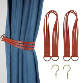 Leather Curtain Tiebacks Vintage Decorative Curtain Tie Pull Backs Curtain Buckle for Home Offic Bedroom Curtains Holders for Wall with Screw 2 Pcs（Brown, Narrow）