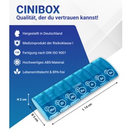 CINIBOX 7 in 1 – Tablettenbox 7 Tage – Helltürkis – Pillendose & Medikamentenbox mit 7 Fächern – leicht zu öffnen & sicher verschlossen – BPA-frei & lebensmittelecht – Made in DE