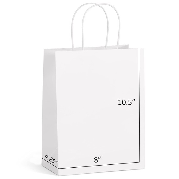 Eupako Paper Bags 8x4.25x10.5 100 PCS White Paper Gift Bags with Handles Bulk, Kraft Shopping Bags, Party Favor Bags, Merchandise Bags