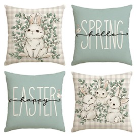 AVOIN colorlife Happy Easter Buffalo Plaid Rabbit Throw Pillow Cover, 16 x 16 Inch Eucalyptus Leaves Hello Spring Cushion Case Decoration for Sofa Couch Set of 4