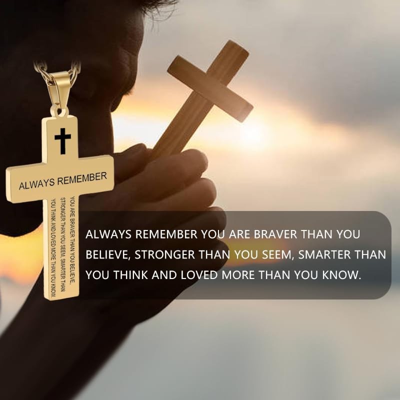 Always Remember Gold Bible Verse Cross Necklace For Men Christian