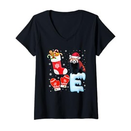 Womens Santa Hat Christmas Stocking Holiday Red Panda Lovers V-Neck T-Shirt