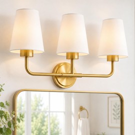 Audickic Brushed Gold Bathroom Light Fixtures with White Fabric Shades